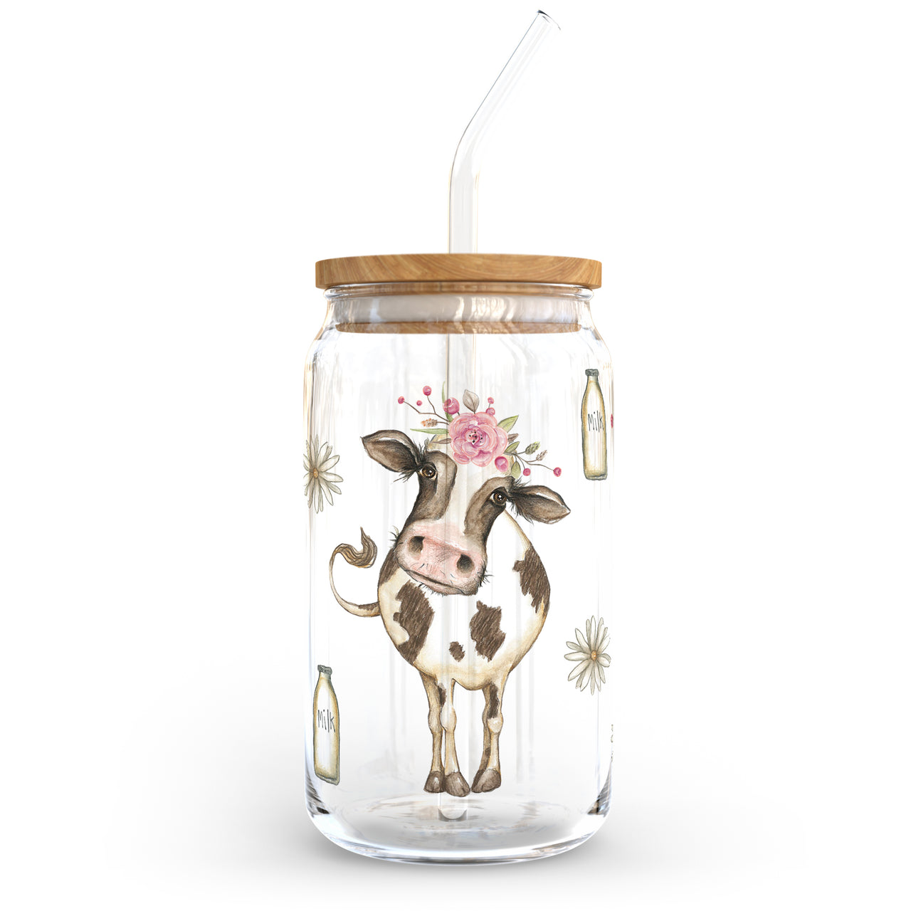 Floral Cow Glass Can