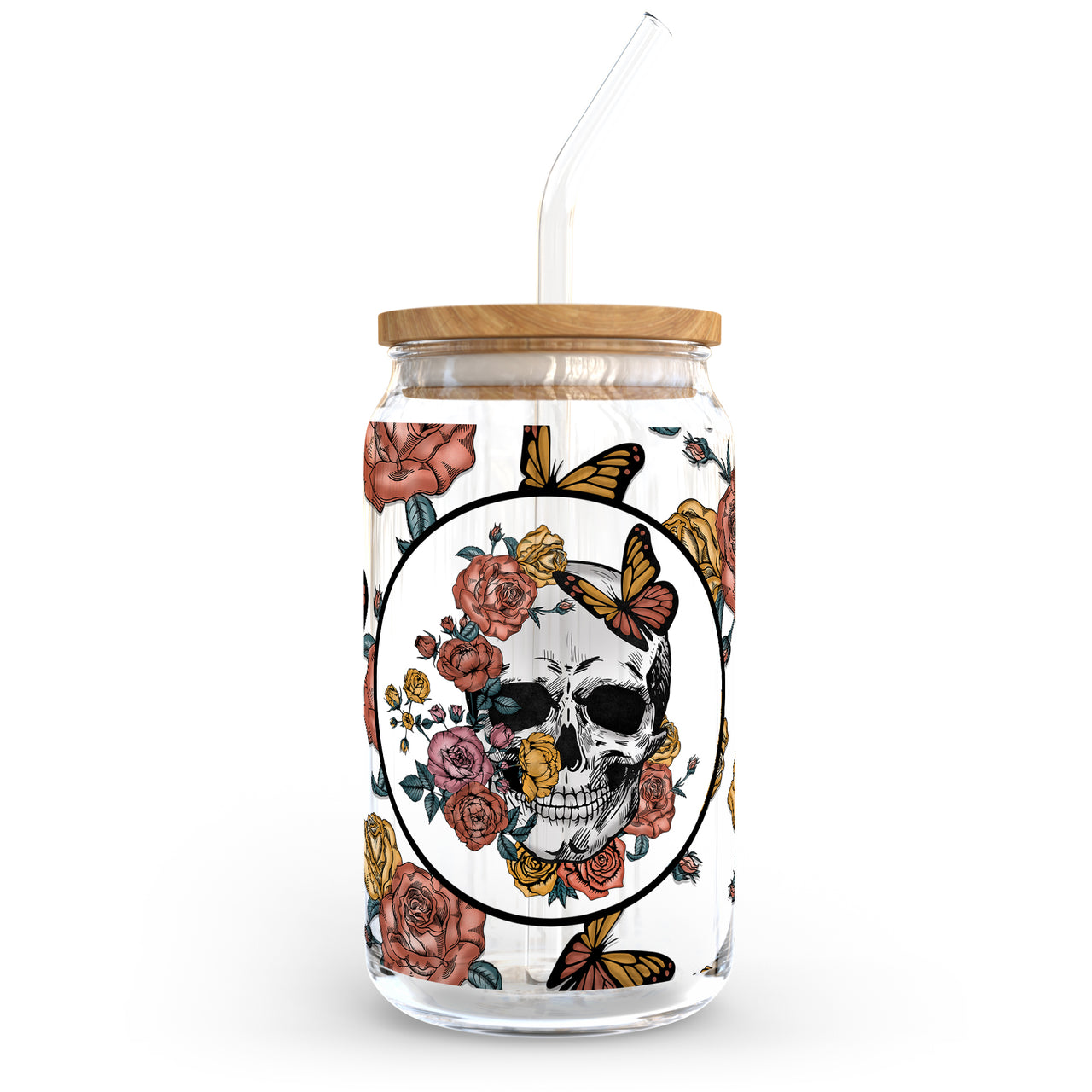 Floral Skulls Glass Can