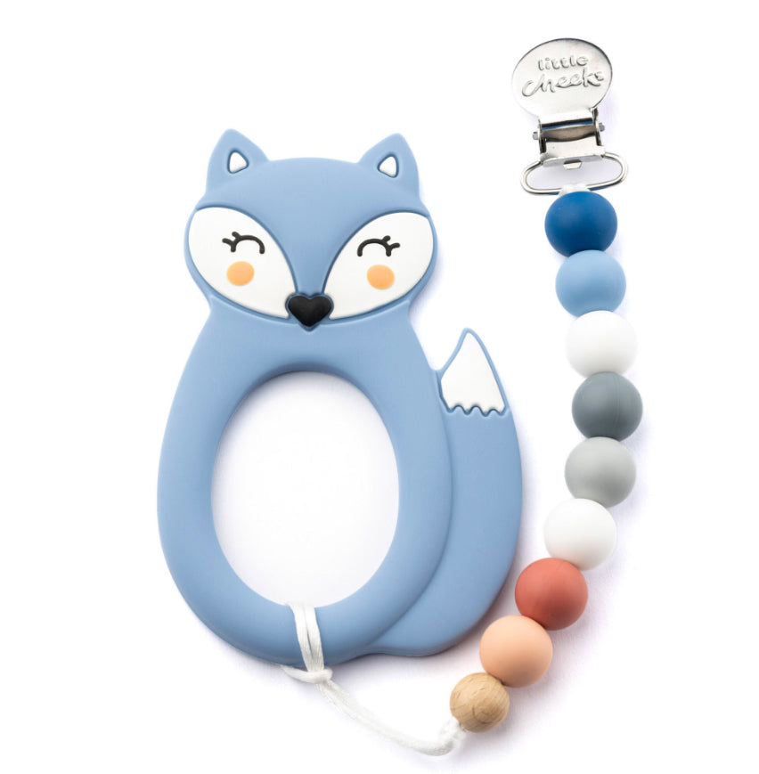 Fox Silicone Teether with Clip~ Little Cheeks~ Blue - Little Elska